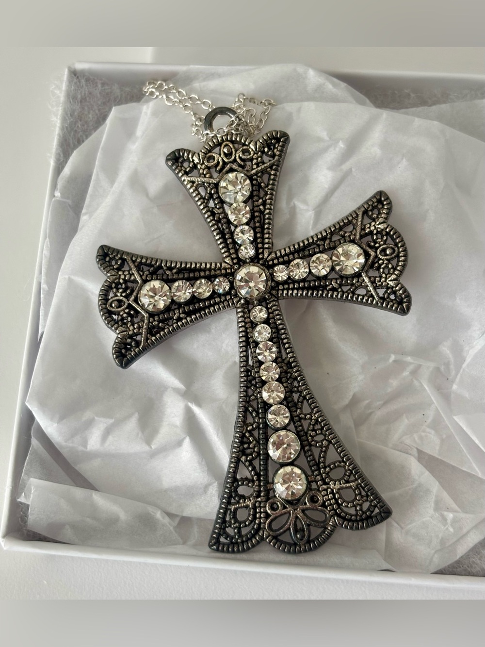 Rhinestone Embellished Antique Silver Cross Pendant Necklace. Comes w/gift box
